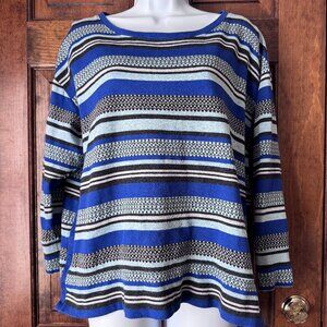 T by Talbots Shades of Blue & Black Striped Pullover Top Size 1X - Petite